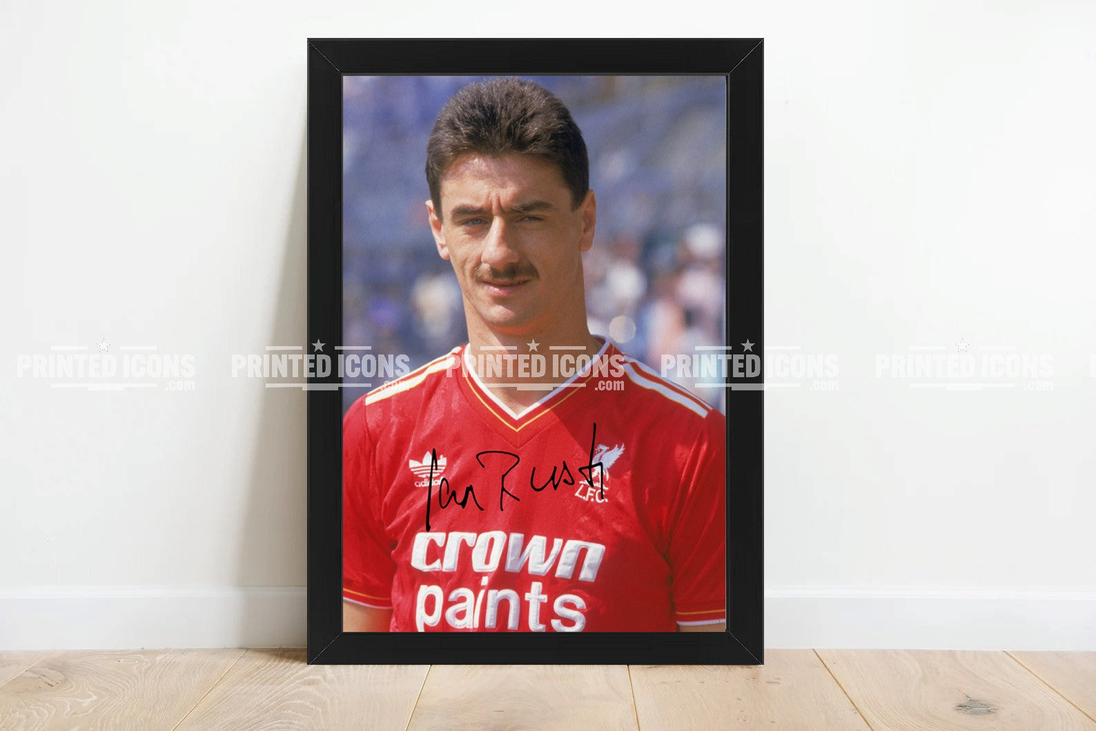 Signed (printed photo) of Ian Rush playing for Liverpool.  A printed autograph taken from a genuine, certified (certificate of authenticity)  autograph. A stunning signature. The print is available in a range of sizes with various framing options available. A framed photo version is the perfect gift for any fan.