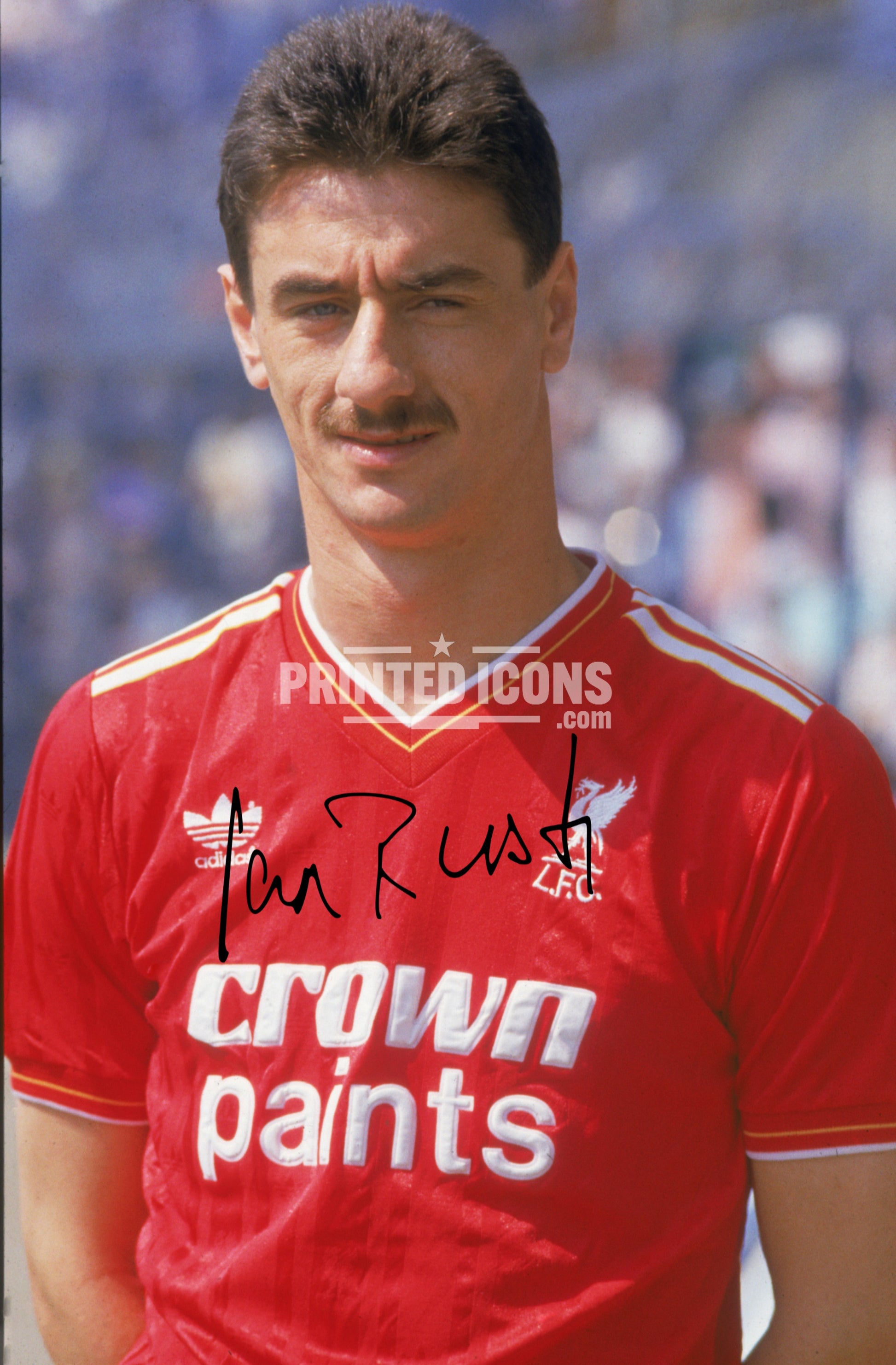 Signed (printed photo) of Ian Rush playing for Liverpool.  A printed autograph taken from a genuine, certified (certificate of authenticity)  autograph. A stunning signature. The print is available in a range of sizes with various framing options available. A framed photo version is the perfect gift for any fan.