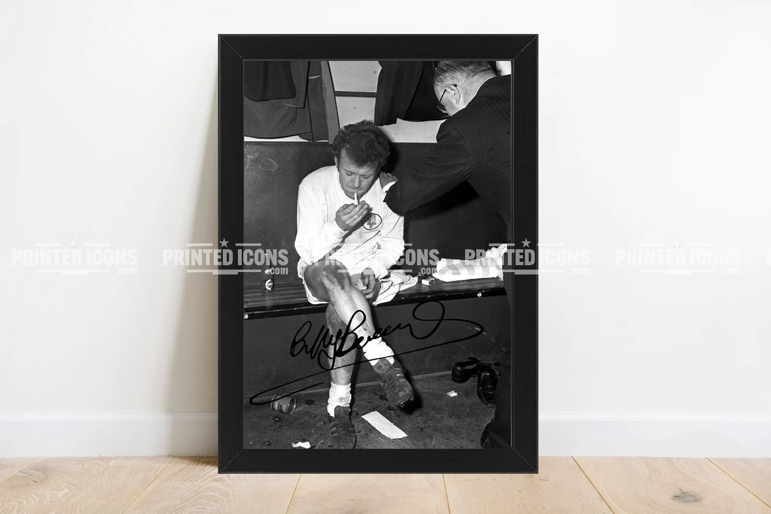 Billy Bremner signed Leeds United photo. The image shows Billy smoking in the changing rooms. A printed autograph (from a certified original) on a Leeds United photo. Framing Available. A great gift for a Leeds United fan.