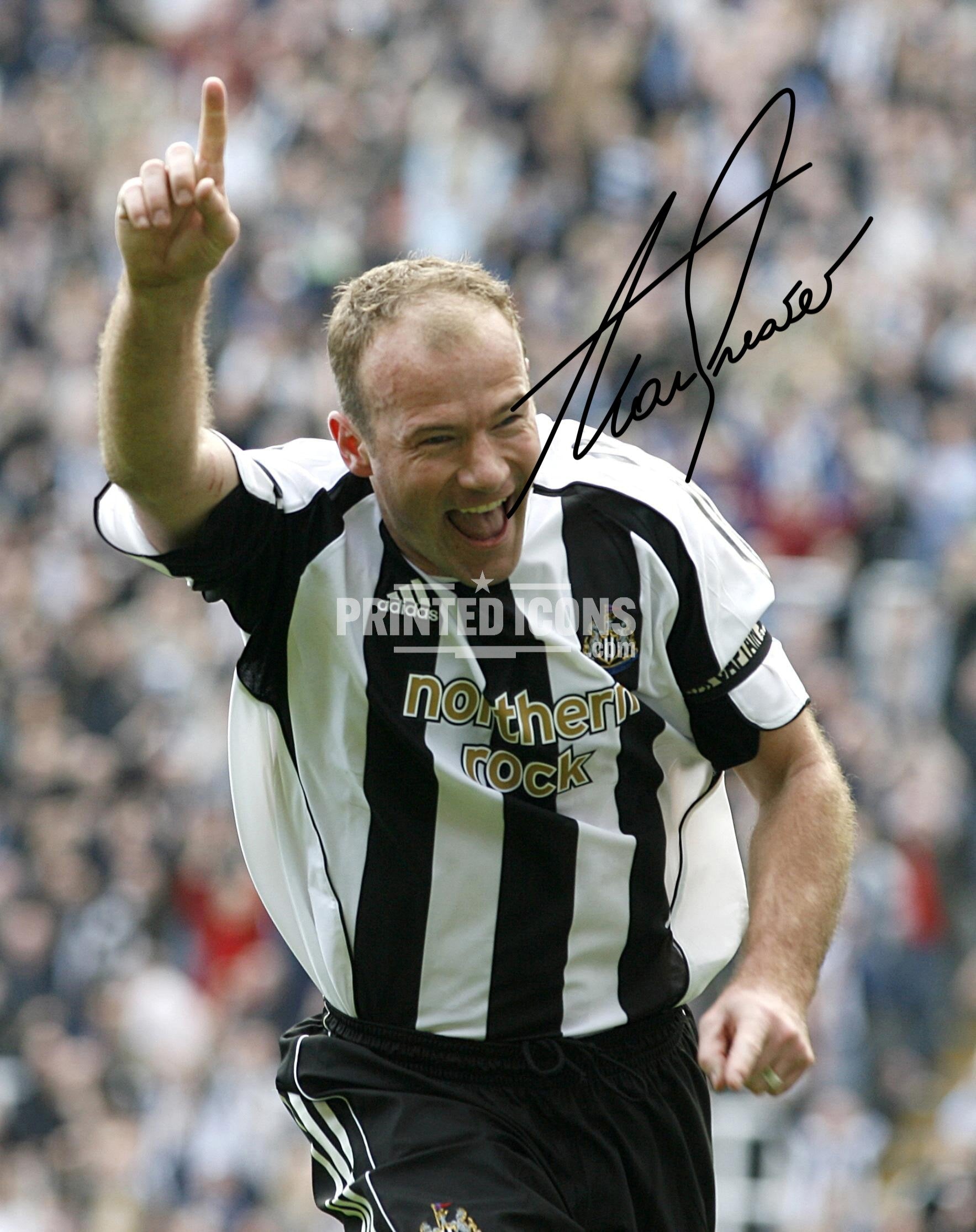 Alan Shearer signed Newcastle United photo. A printed autograph (from a certified original) on a Newcastle United photo. Framing Available. A great gift for a Newcastle United fan.
