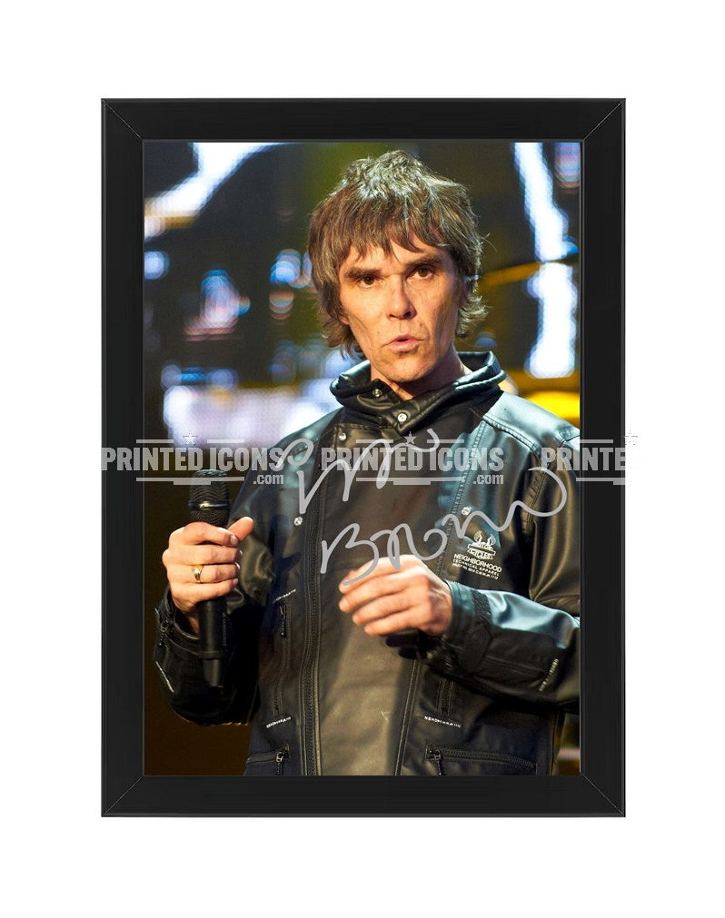 Signed (printed autograph) photo of Ian Brown of The Stone Roses. A printed autograph taken from a genuine, certified (certificate of authenticity)  autograph. A stunning signature. The print is available in a range of sizes with various framing options available. A framed photo version is the perfect gift for any fan.