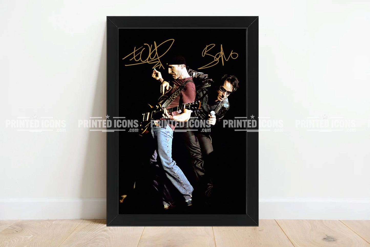 Signed (printed autograph) photo of Bono and The Edge from U2. A printed autograph taken from a genuine, certified (certificate of authenticity)  autograph. A stunning signature. The print is available in a range of sizes with various framing options available. A framed photo version is the perfect gift for any fan.