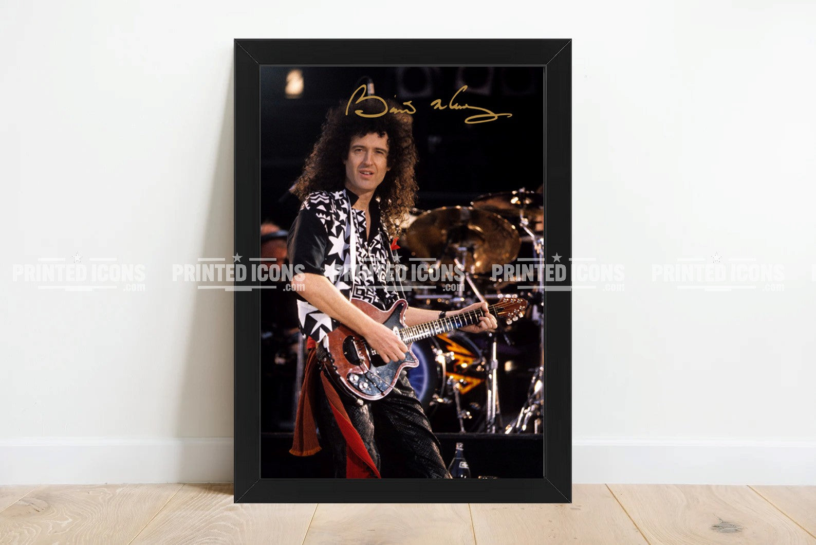 Signed (printed photo) of Brian May of Queen performing at Live Aid. A printed autograph taken from a genuine, certified (certificate of authenticity)  autograph. A stunning signature. The print is available in a range of sizes with various framing options available. A framed photo version is the perfect gift for any fan.