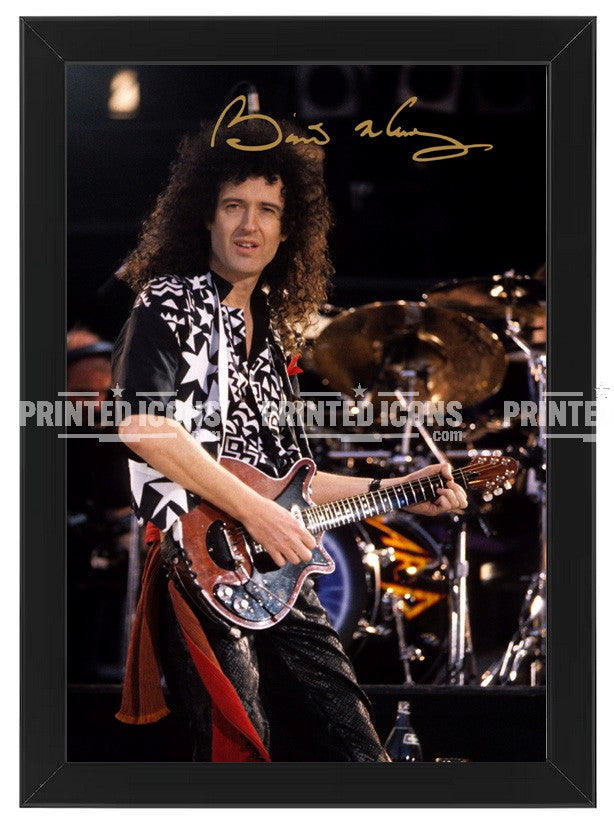 Signed (printed photo) of Brian May of Queen performing at Live Aid. A printed autograph taken from a genuine, certified (certificate of authenticity)  autograph. A stunning signature. The print is available in a range of sizes with various framing options available. A framed photo version is the perfect gift for any fan.