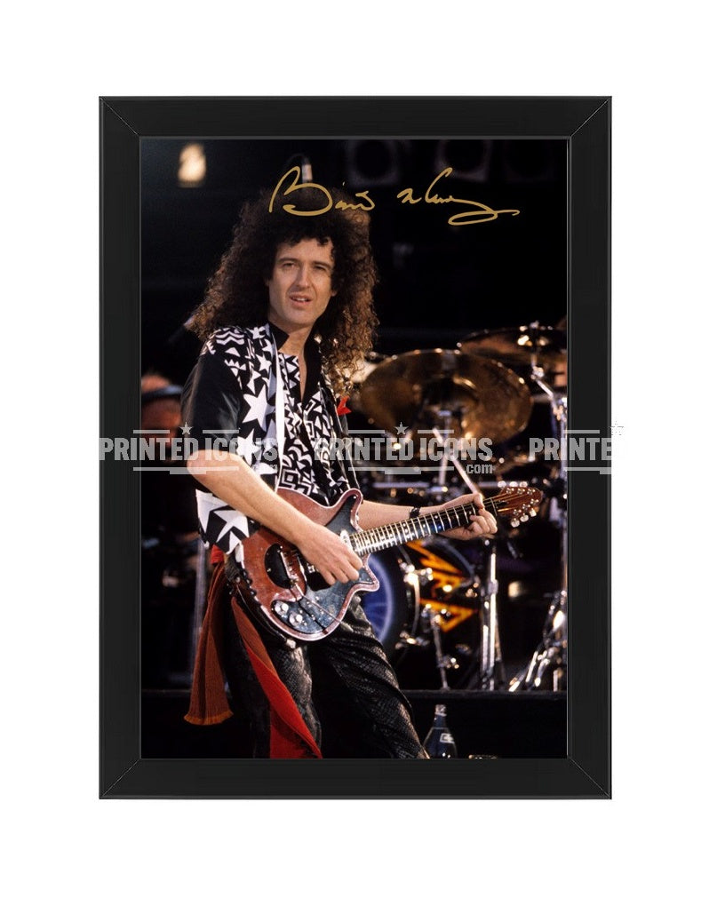 Signed (printed photo) of Brian May of Queen performing at Live Aid. A printed autograph taken from a genuine, certified (certificate of authenticity)  autograph. A stunning signature. The print is available in a range of sizes with various framing options available. A framed photo version is the perfect gift for any fan.