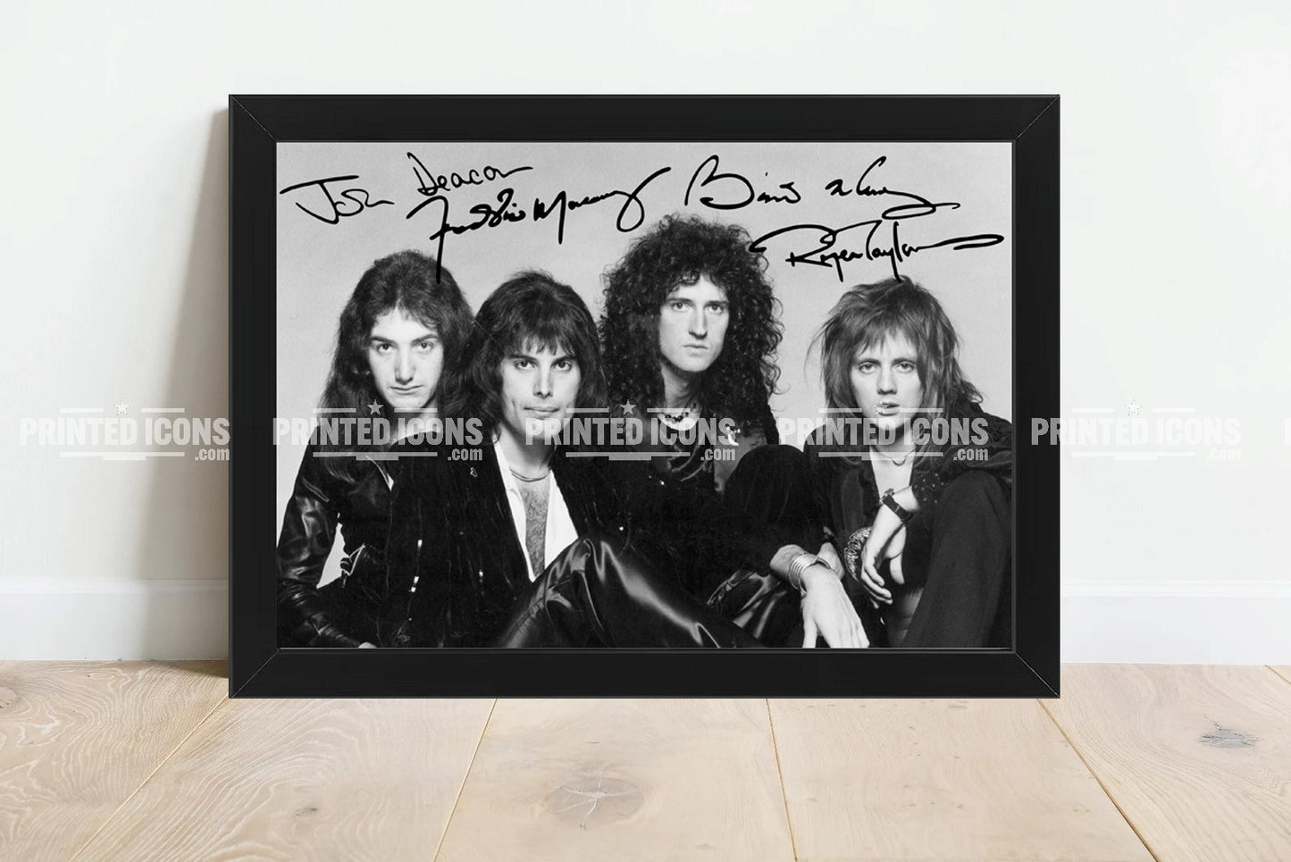 Signed (printed autograph) of the band Queen. It features the printed autographs of Freddie Mercury, Brian May, Roger Taylor and John Deacon. A printed autograph taken from a genuine, certified (certificate of authenticity)  autograph. A stunning signature. The print is available in a range of sizes with various framing options available. A framed photo version is the perfect gift for any fan.