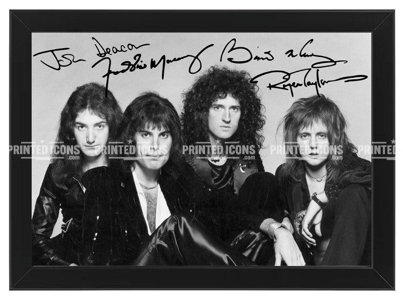 Signed (printed autograph) of the band Queen. It features the printed autographs of Freddie Mercury, Brian May, Roger Taylor and John Deacon. A printed autograph taken from a genuine, certified (certificate of authenticity)  autograph. A stunning signature. The print is available in a range of sizes with various framing options available. A framed photo version is the perfect gift for any fan.