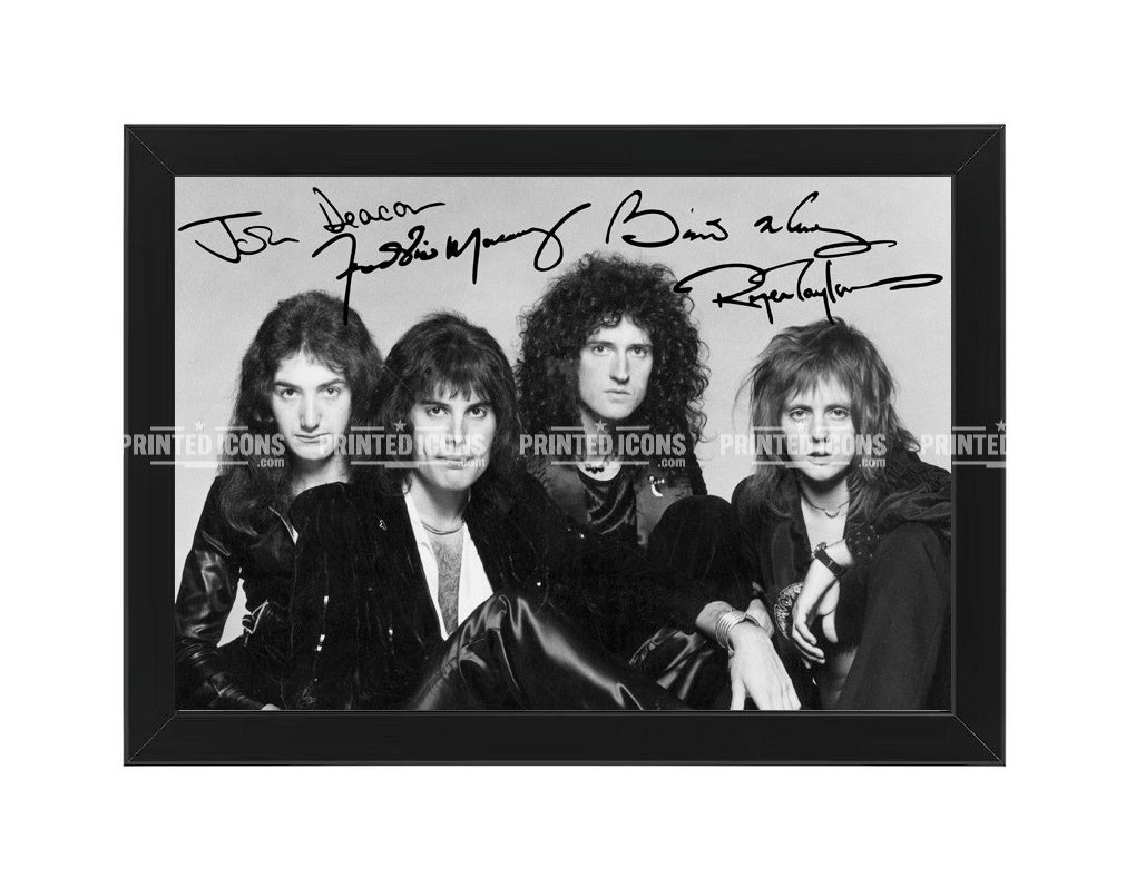 Signed (printed autograph) of the band Queen. It features the printed autographs of Freddie Mercury, Brian May, Roger Taylor and John Deacon. A printed autograph taken from a genuine, certified (certificate of authenticity)  autograph. A stunning signature. The print is available in a range of sizes with various framing options available. A framed photo version is the perfect gift for any fan.
