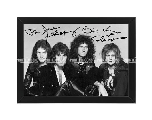 Signed (printed autograph) of the band Queen. It features the printed autographs of Freddie Mercury, Brian May, Roger Taylor and John Deacon. A printed autograph taken from a genuine, certified (certificate of authenticity)  autograph. A stunning signature. The print is available in a range of sizes with various framing options available. A framed photo version is the perfect gift for any fan.