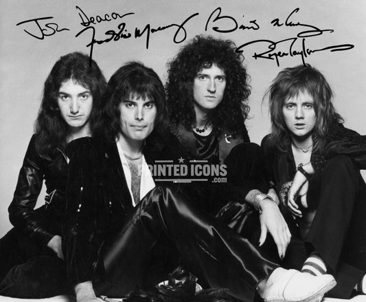 Signed (printed autograph) of the band Queen. It features the printed autographs of Freddie Mercury, Brian May, Roger Taylor and John Deacon. A printed autograph taken from a genuine, certified (certificate of authenticity)  autograph. A stunning signature. The print is available in a range of sizes with various framing options available. A framed photo version is the perfect gift for any fan.