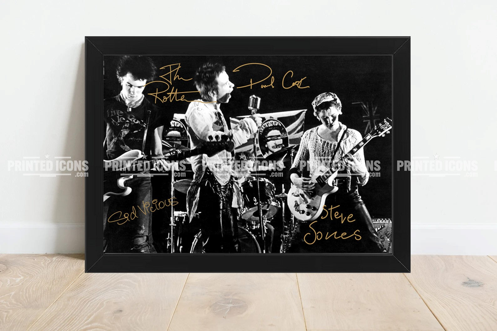Signed (printed autograph) of The Sex Pistols band. It features the printed autographs of Sid Vicious, Johnny Rotten, Paul Cook and Steve Jones. A printed autograph taken from a genuine, certified (certificate of authenticity)  autograph. A stunning signature. The print is available in a range of sizes with various framing options available. A framed photo version is the perfect gift for any fan.