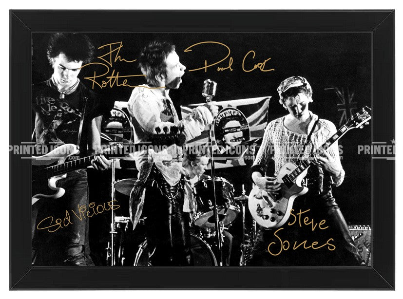 Signed (printed autograph) of The Sex Pistols band. It features the printed autographs of Sid Vicious, Johnny Rotten, Paul Cook and Steve Jones. A printed autograph taken from a genuine, certified (certificate of authenticity)  autograph. A stunning signature. The print is available in a range of sizes with various framing options available. A framed photo version is the perfect gift for any fan.