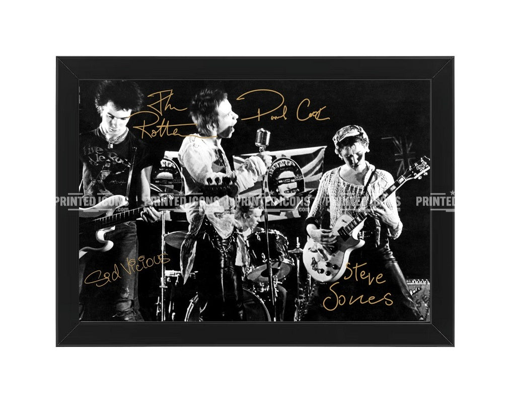 Signed (printed autograph) of The Sex Pistols band. It features the printed autographs of Sid Vicious, Johnny Rotten, Paul Cook and Steve Jones. A printed autograph taken from a genuine, certified (certificate of authenticity)  autograph. A stunning signature. The print is available in a range of sizes with various framing options available. A framed photo version is the perfect gift for any fan.