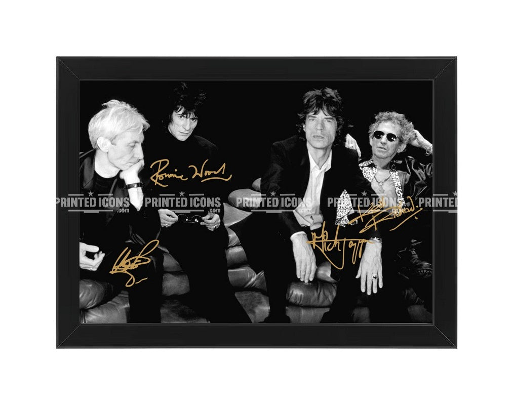 A stunning printed photo featuring the printed autographs of the band members of The Rolling Stones. It features the printed autographs of Charlie Watts, Mick Jagger, Ronnie Wood and Keith Richards. Framing Available. A great gift for a Rolling Stones fan. 