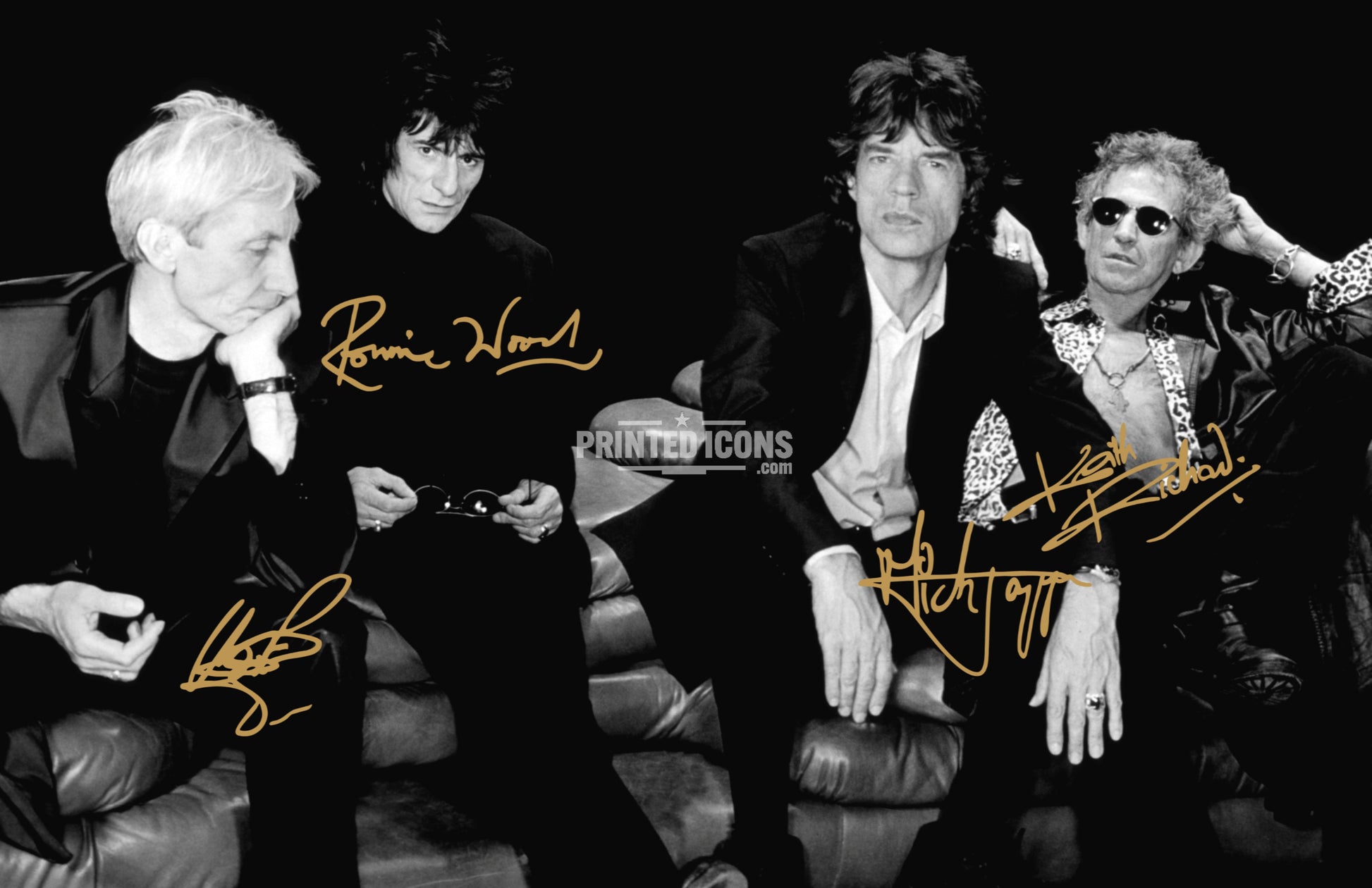 A stunning printed photo featuring the printed autographs of the band members of The Rolling Stones. It features the printed autographs of Charlie Watts, Mick Jagger, Ronnie Wood and Keith Richards. Framing Available. A great gift for a Rolling Stones fan. 
