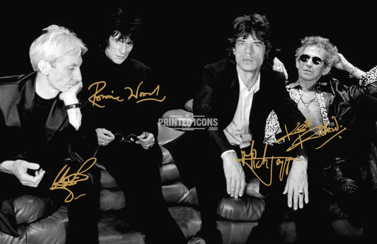 A stunning printed photo featuring the printed autographs of the band members of The Rolling Stones. It features the printed autographs of Charlie Watts, Mick Jagger, Ronnie Wood and Keith Richards. Framing Available. A great gift for a Rolling Stones fan. 