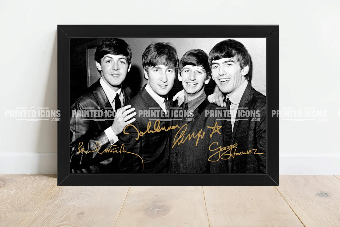 Signed (printed autograph) photo of The Beatles. It features the autographs of: Paul McCartney, John Lennon, Ringo Starr and George Harrison. A printed autograph taken from a genuine, certified (certificate of authenticity)  autograph. A stunning signature. The print is available in a range of sizes with various framing options available. A framed photo version is the perfect gift for any fan.