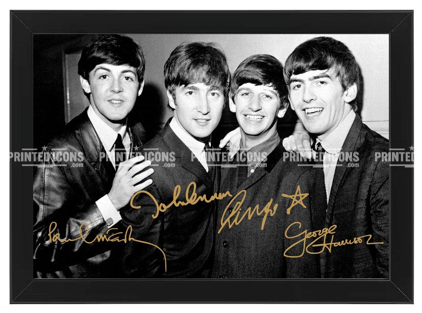 Signed (printed autograph) photo of The Beatles. It features the autographs of: Paul McCartney, John Lennon, Ringo Starr and George Harrison. A printed autograph taken from a genuine, certified (certificate of authenticity)  autograph. A stunning signature. The print is available in a range of sizes with various framing options available. A framed photo version is the perfect gift for any fan.