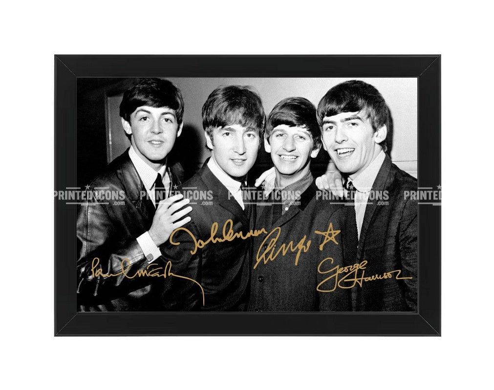 Signed (printed autograph) photo of The Beatles. It features the autographs of: Paul McCartney, John Lennon, Ringo Starr and George Harrison. A printed autograph taken from a genuine, certified (certificate of authenticity)  autograph. A stunning signature. The print is available in a range of sizes with various framing options available. A framed photo version is the perfect gift for any fan.