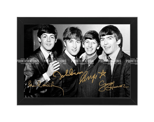 Signed (printed autograph) photo of The Beatles. It features the autographs of: Paul McCartney, John Lennon, Ringo Starr and George Harrison. A printed autograph taken from a genuine, certified (certificate of authenticity)  autograph. A stunning signature. The print is available in a range of sizes with various framing options available. A framed photo version is the perfect gift for any fan.