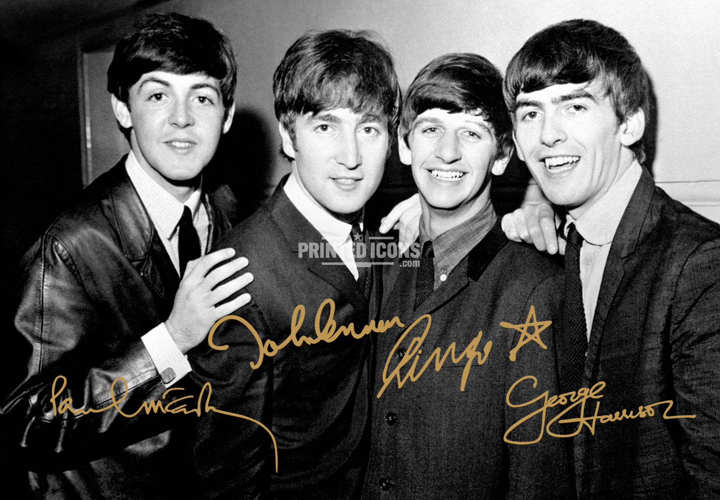 Signed (printed autograph) photo of The Beatles. It features the autographs of: Paul McCartney, John Lennon, Ringo Starr and George Harrison. A printed autograph taken from a genuine, certified (certificate of authenticity)  autograph. A stunning signature. The print is available in a range of sizes with various framing options available. A framed photo version is the perfect gift for any fan.