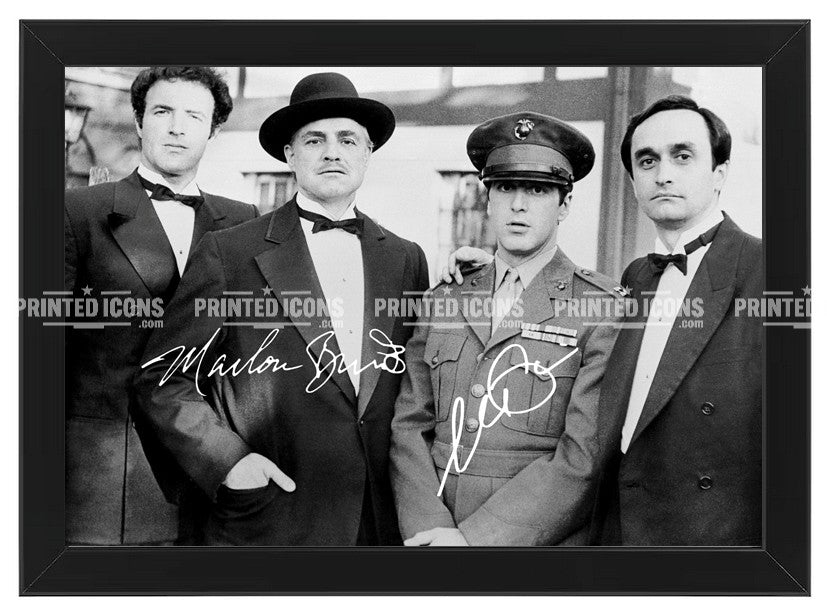 Framed Godfather photo with printed Marlon Brando and Al Pacino signatures