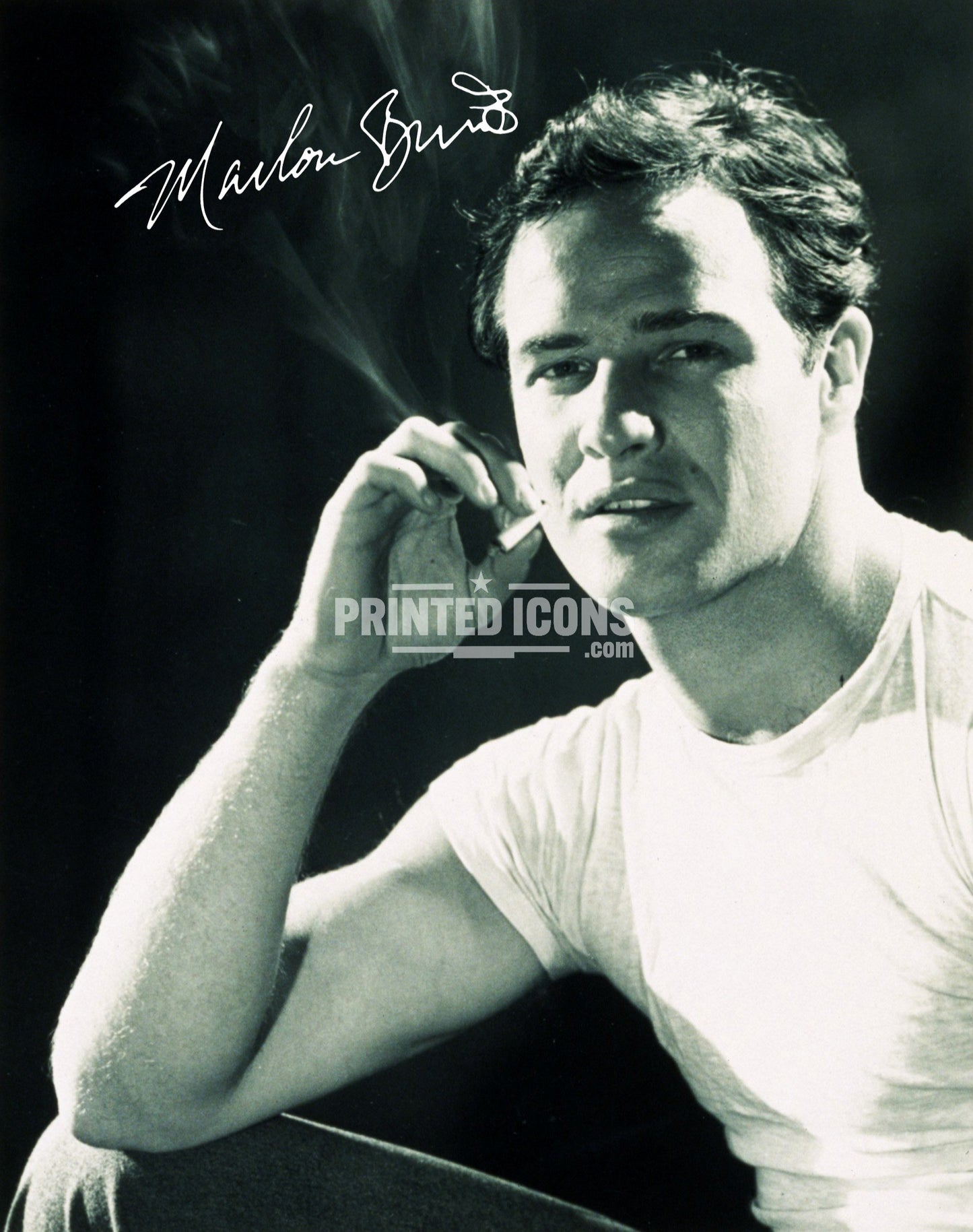 Marlon Brando smoking portrait photo with printed autograph