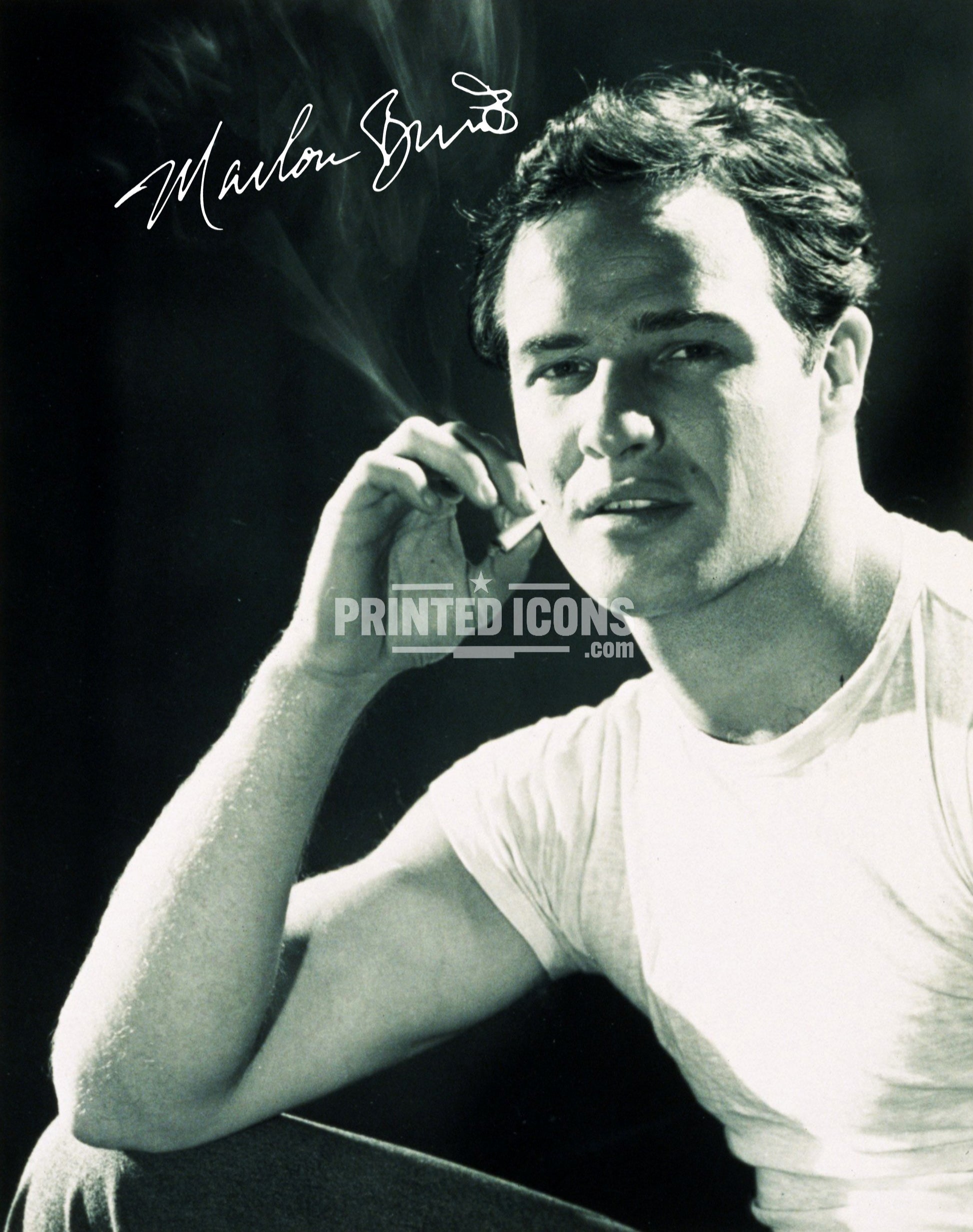 Marlon Brando smoking portrait photo with printed autograph