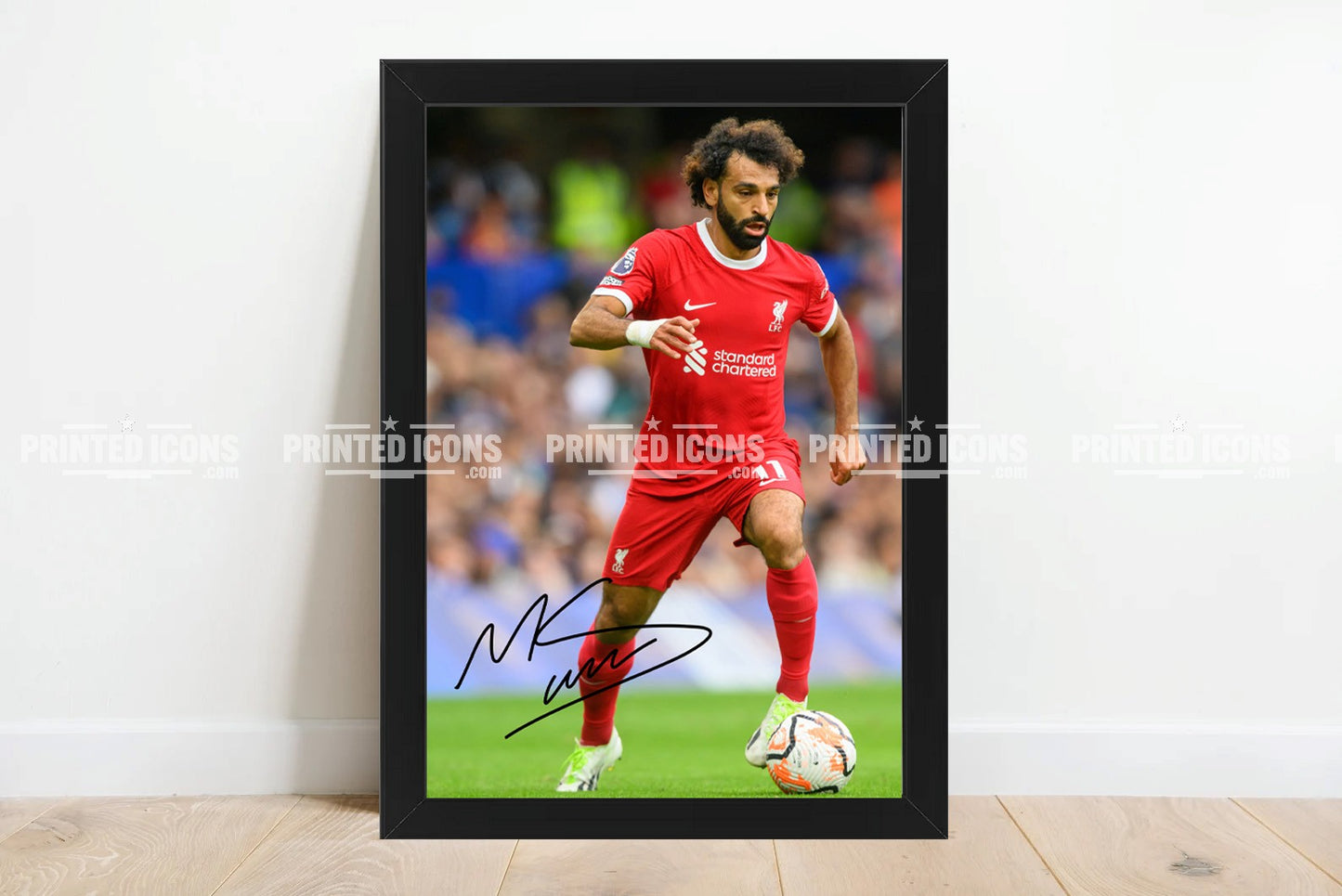 Mohamed Salah signed Liverpool photo print displayed as football wall art