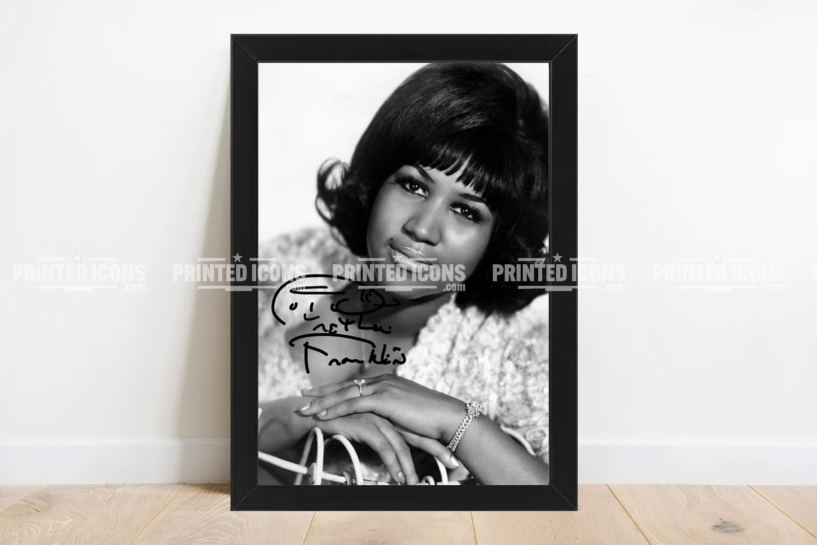 Aretha Franklin signed photo print displayed as vintage music wall art