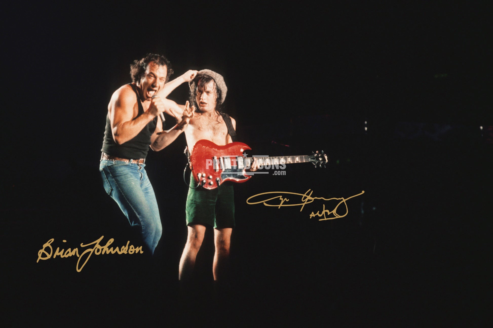 Angus Young and Brian Johnson AC/DC live performance photo with printed autographs