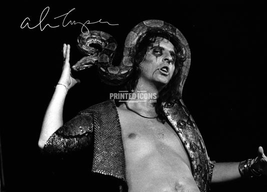 Alice Cooper live performance black and white photo with printed autograph