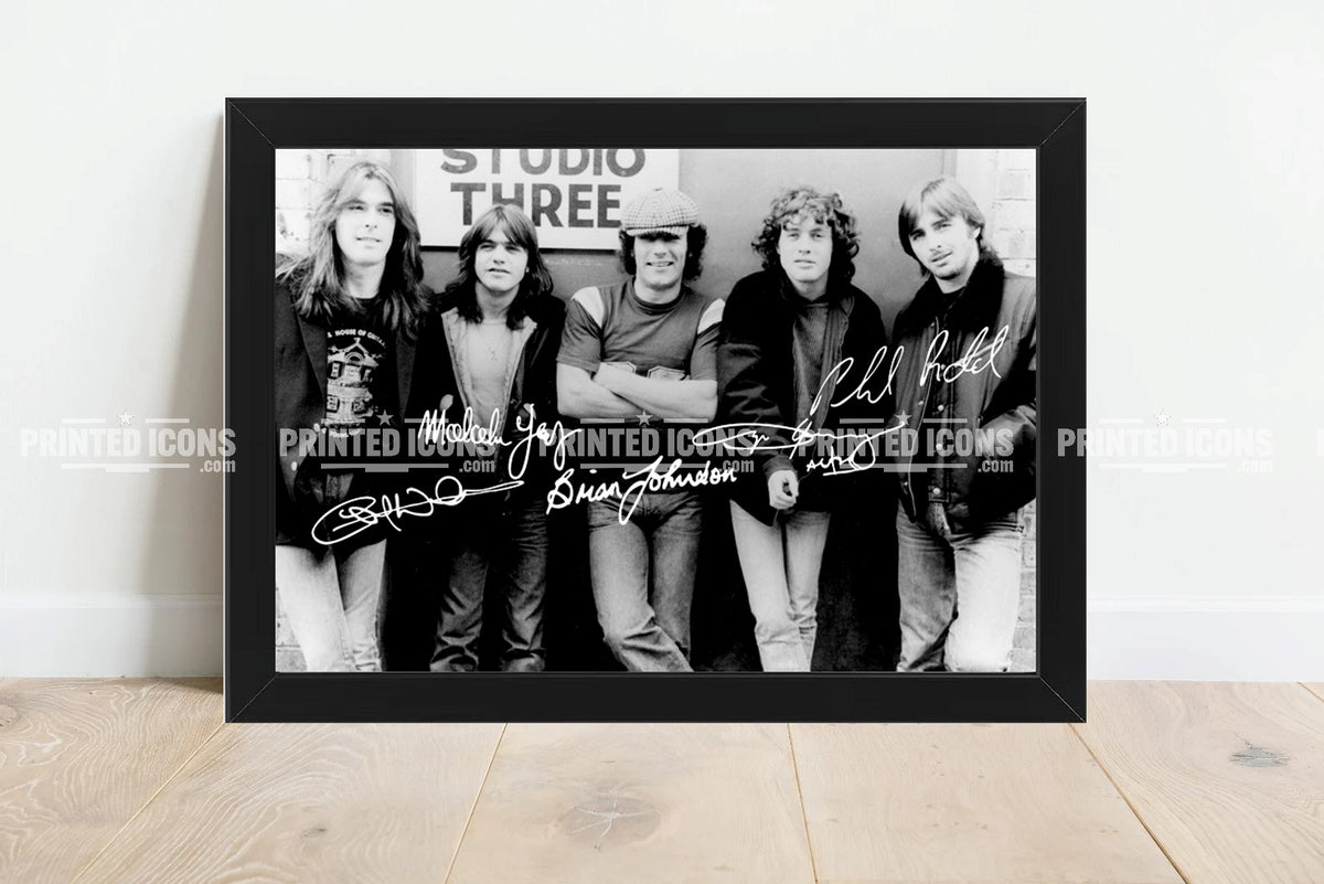 AC/DC signed band photo displayed as classic rock wall art