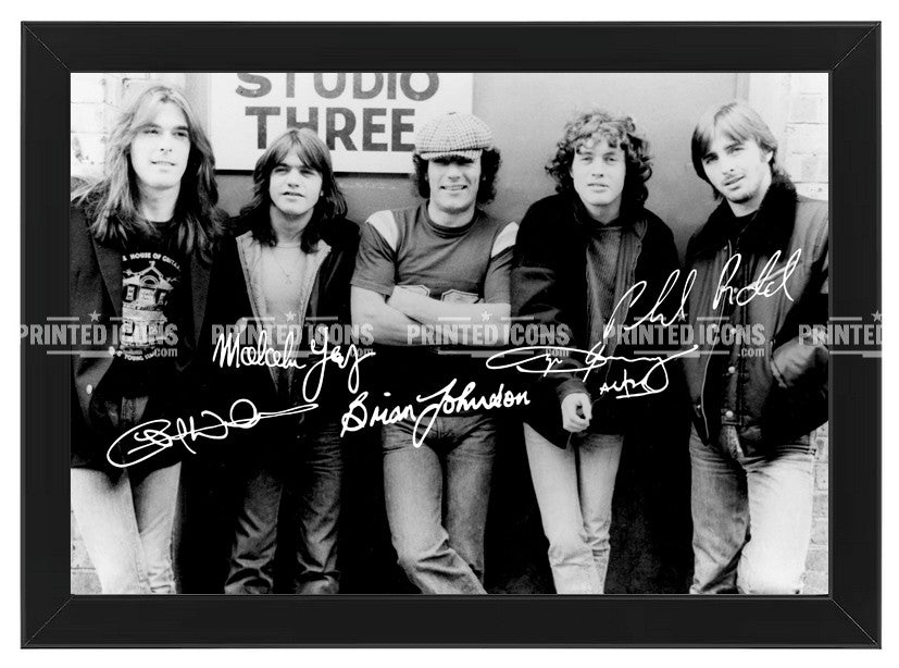 AC/DC band autograph photo print featuring classic rock line-up