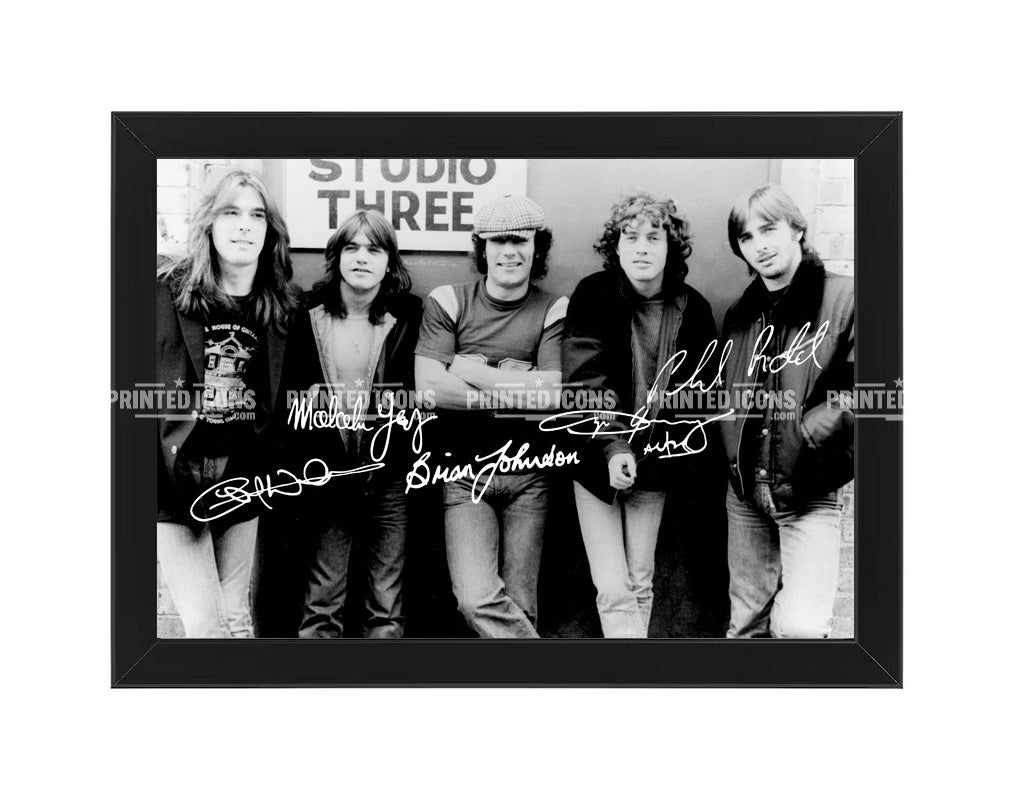AC/DC signed band photo print with reproduced autographs in black frame