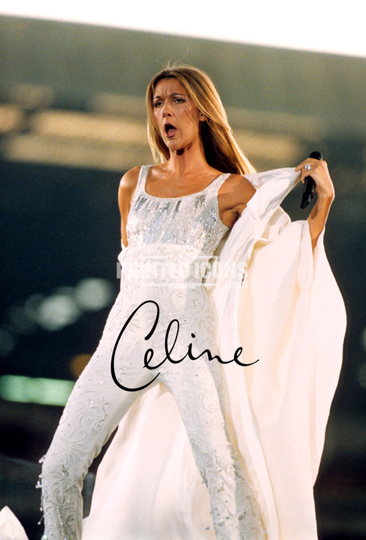 Celine Dion performing live signed photo print with printed autograph. Paris concert