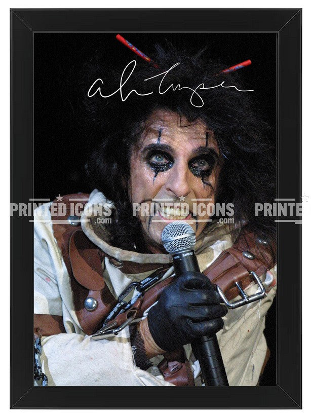 Alice Cooper autograph memorabilia print displayed in black frame
