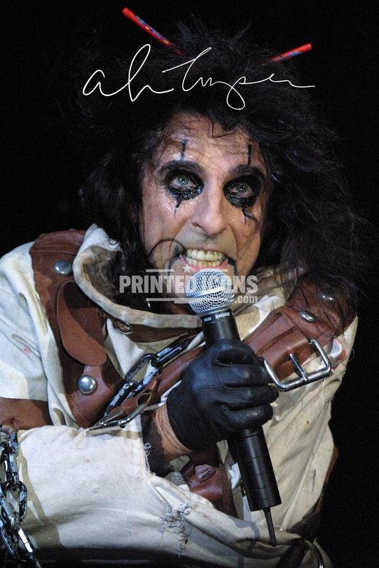 Alice Cooper microphone portrait with reproduced autograph photo print