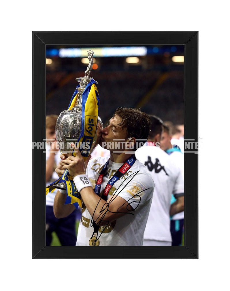 Gianni Alioski Leeds United 2019/20 Championship trophy signed print framed