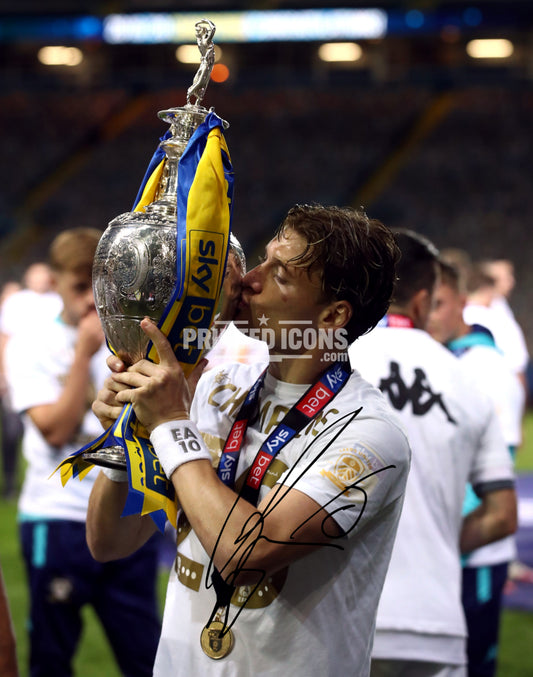 Gianni Alioski kissing Championship trophy Leeds United autograph print