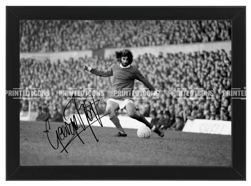 George Best Manchester United action photo with reproduced autograph