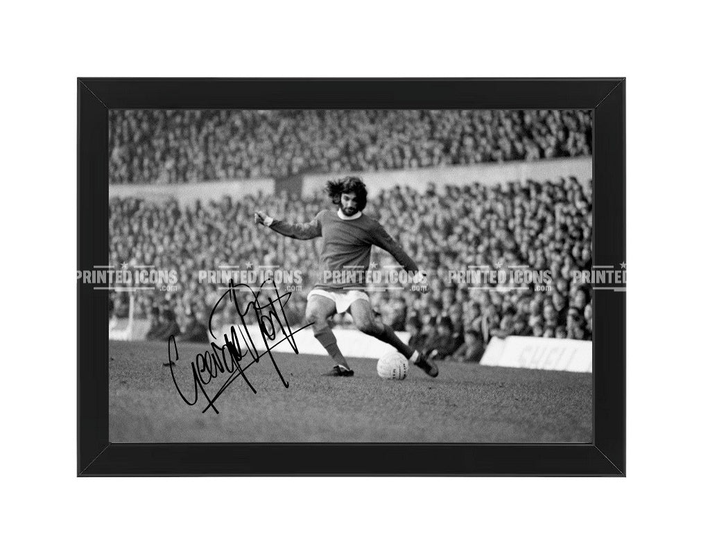 Framed George Best black and white autograph print