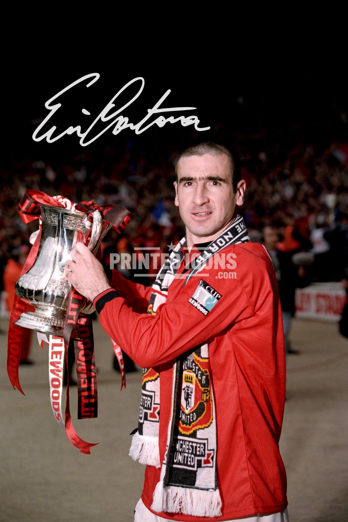 Eric Cantona holding FA Cup printed autograph football photograph