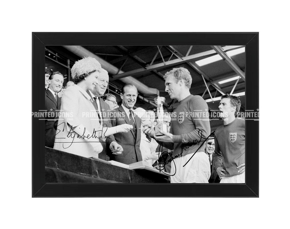 Framed Bobby Moore receiving 1966 World Cup trophy from Queen Elizabeth II