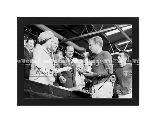 Framed Bobby Moore receiving 1966 World Cup trophy from Queen Elizabeth II