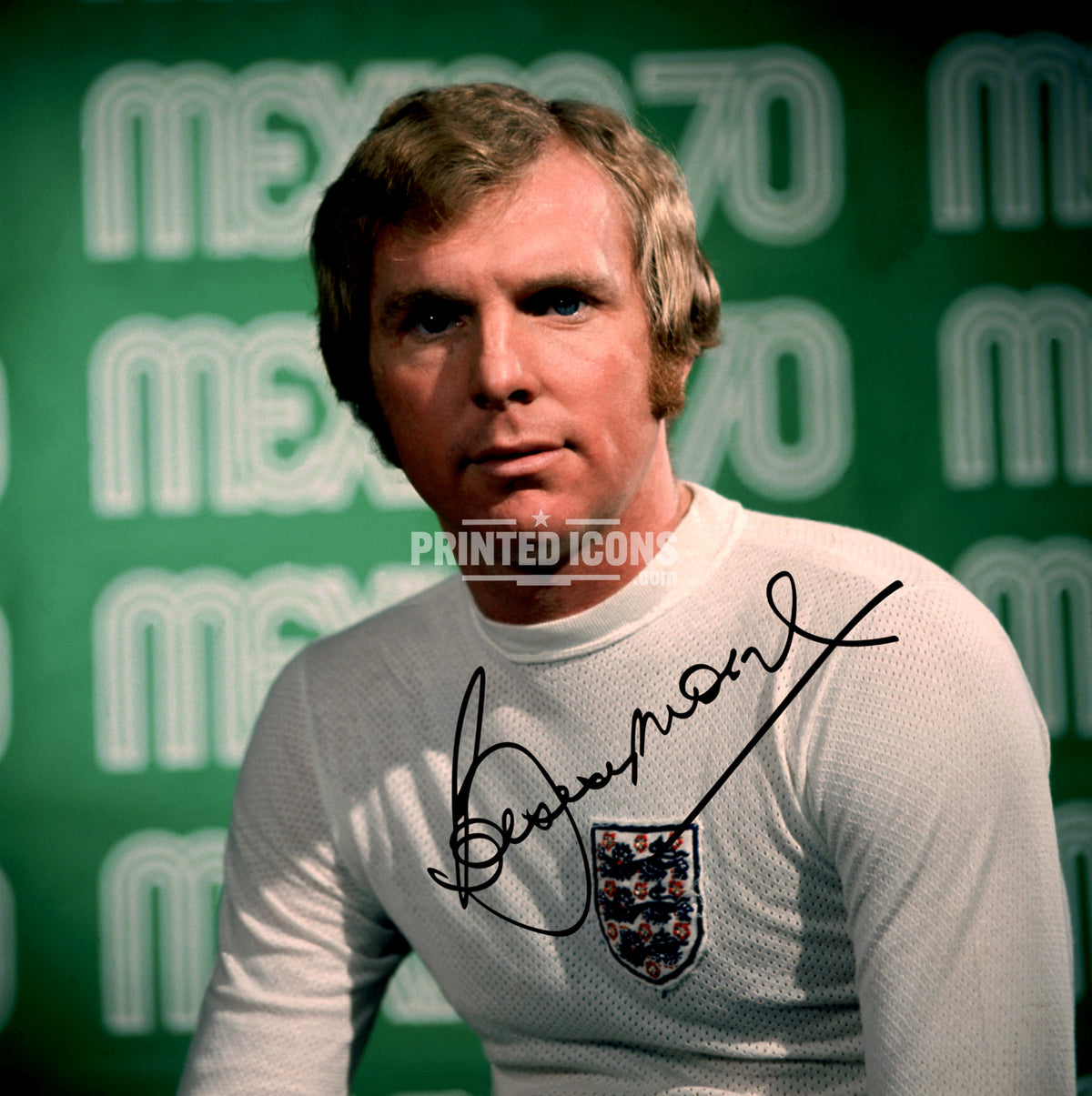 Bobby Moore signed photo print wearing classic England shirt.