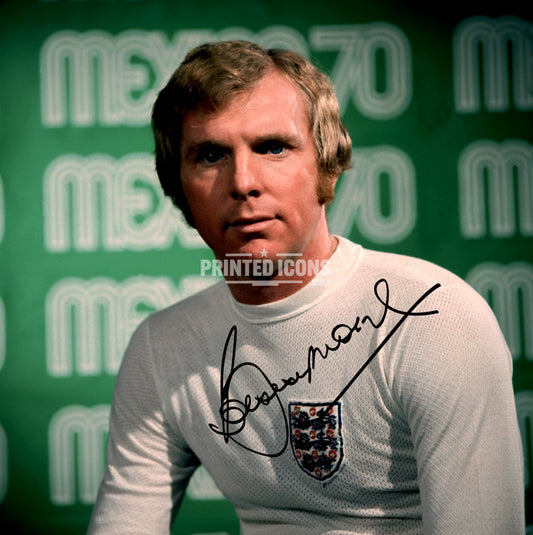 Bobby Moore signed photo print wearing classic England shirt.
