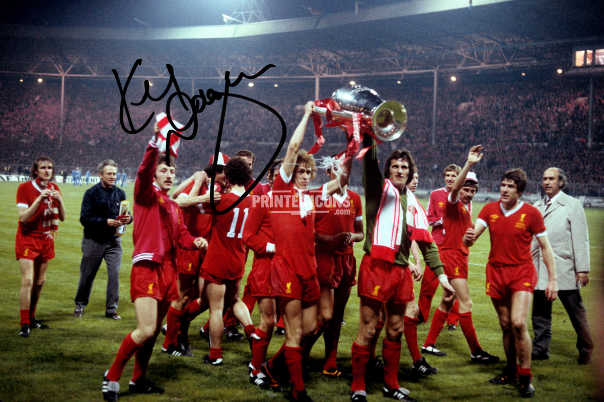Liverpool FC players lifting 1978 European Cup at Wembley with printed Kenny Dalglish autograph