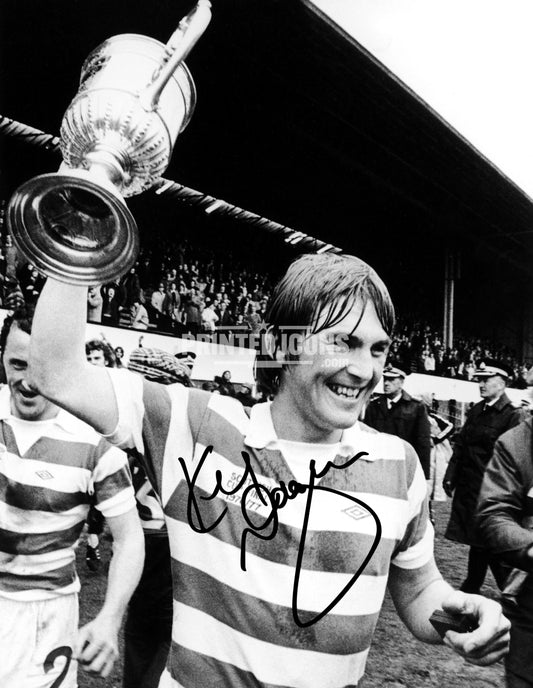 Kenny Dalglish lifting 1977 Scottish Cup wearing Celtic hoops with printed autograph