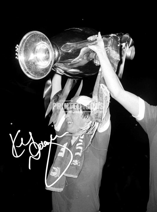 Kenny Dalglish lifting European Cup trophy with white printed autograph Liverpool 1978